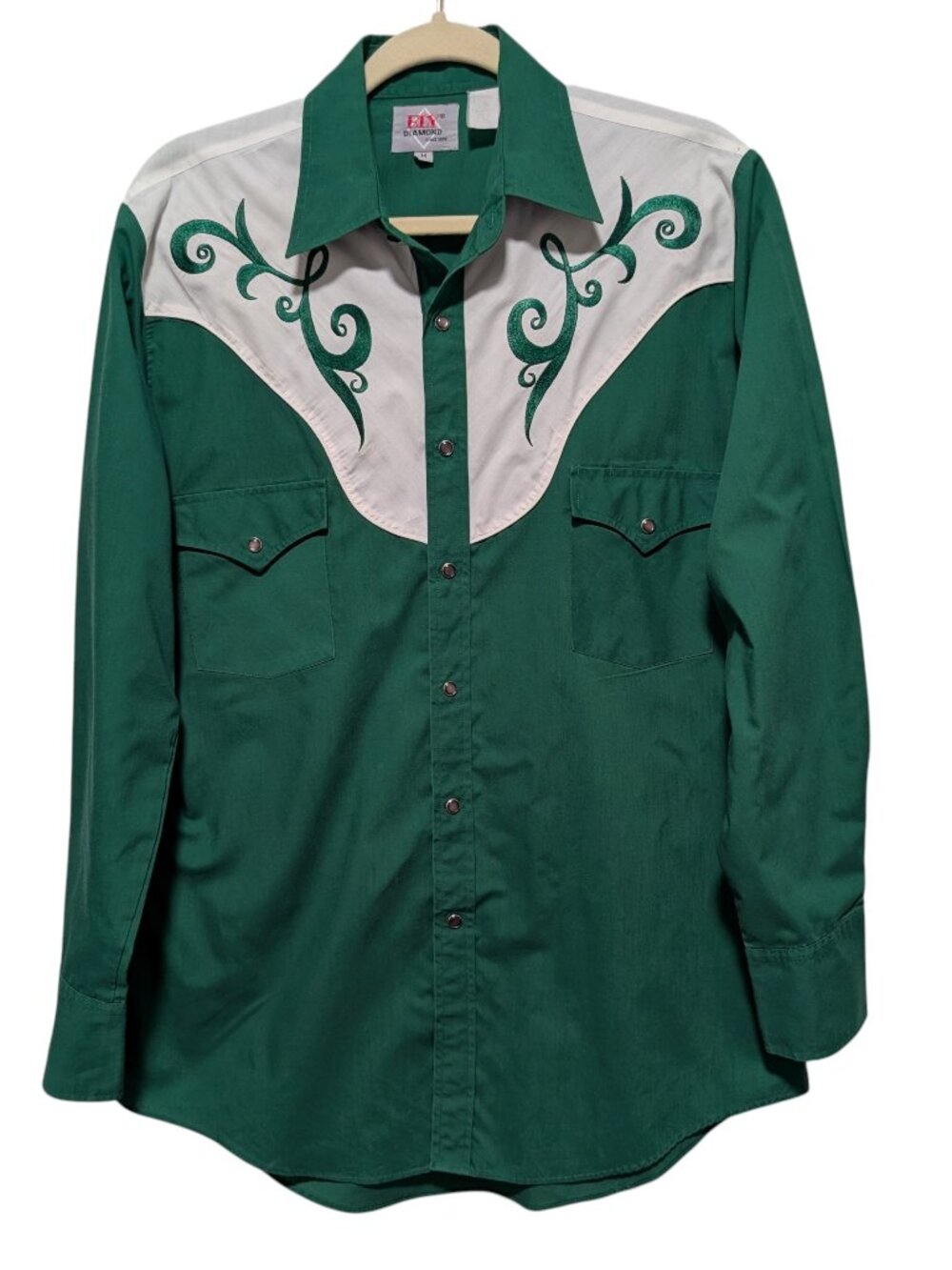 Ely Diamond Mens Sz M Green White Embroidered Pearl Snaps Pockets Western Shirt